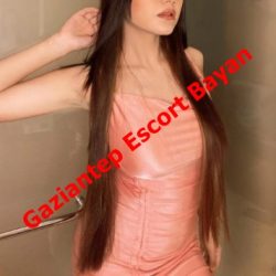 Promo photo of a woman in a pink dress with long dark hair; red text overlay reads 'Gaziantep Escort Bayan' advertising escort services.